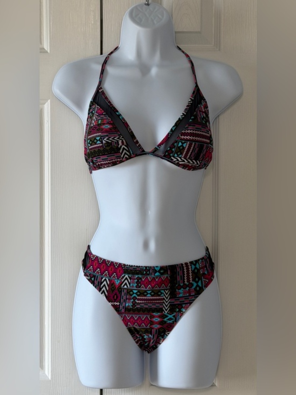 Tribal Print Bikini Set M Top L Bottom Mesh Triangle Swimwear Colorblock